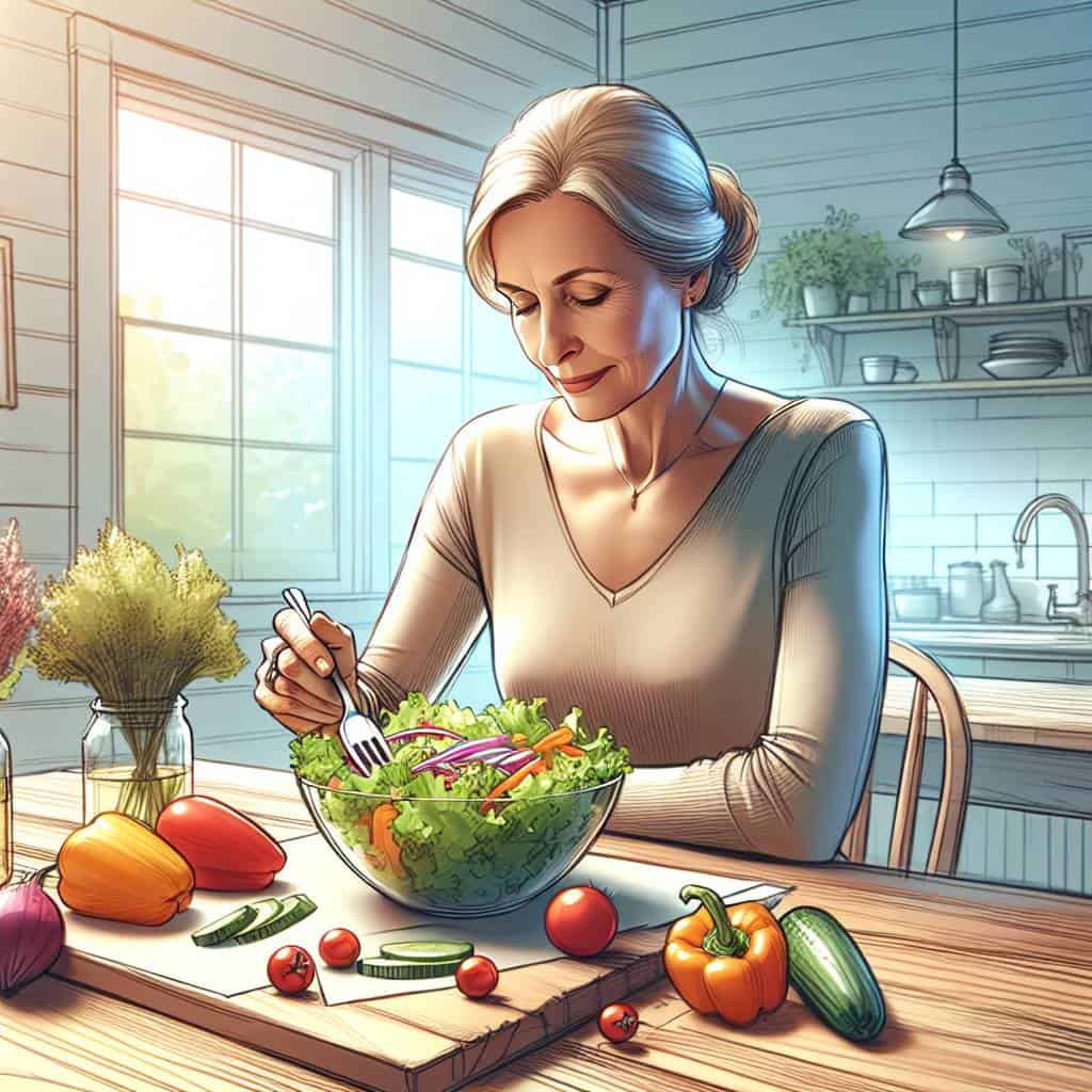 Mindful eating habits in serene kitchen.