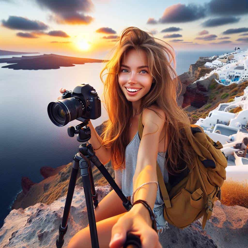 Solo travel photo tips in Santorini sunset.