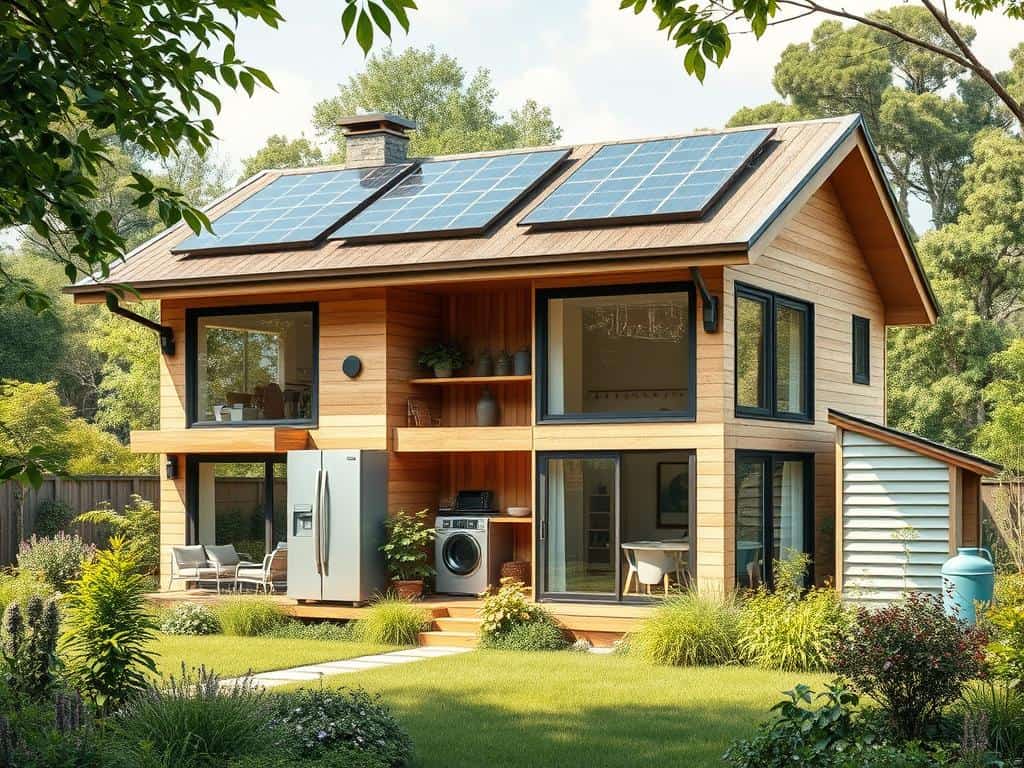 eco-friendly home with energy-efficient appliances and water conservation techniques